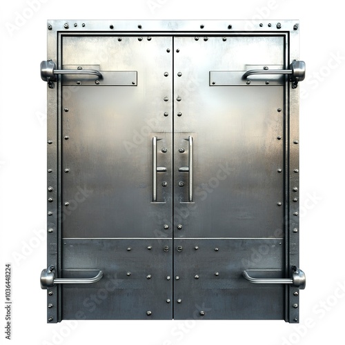 Industrial metal door clipart, security element, sturdy design, metallic finish, isolated on white background 