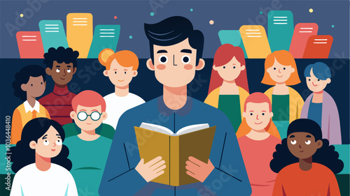 The author sat nervously at the front of the room surrounded by local booklovers ready to celebrate their latest literary achievement.. Vector illustration