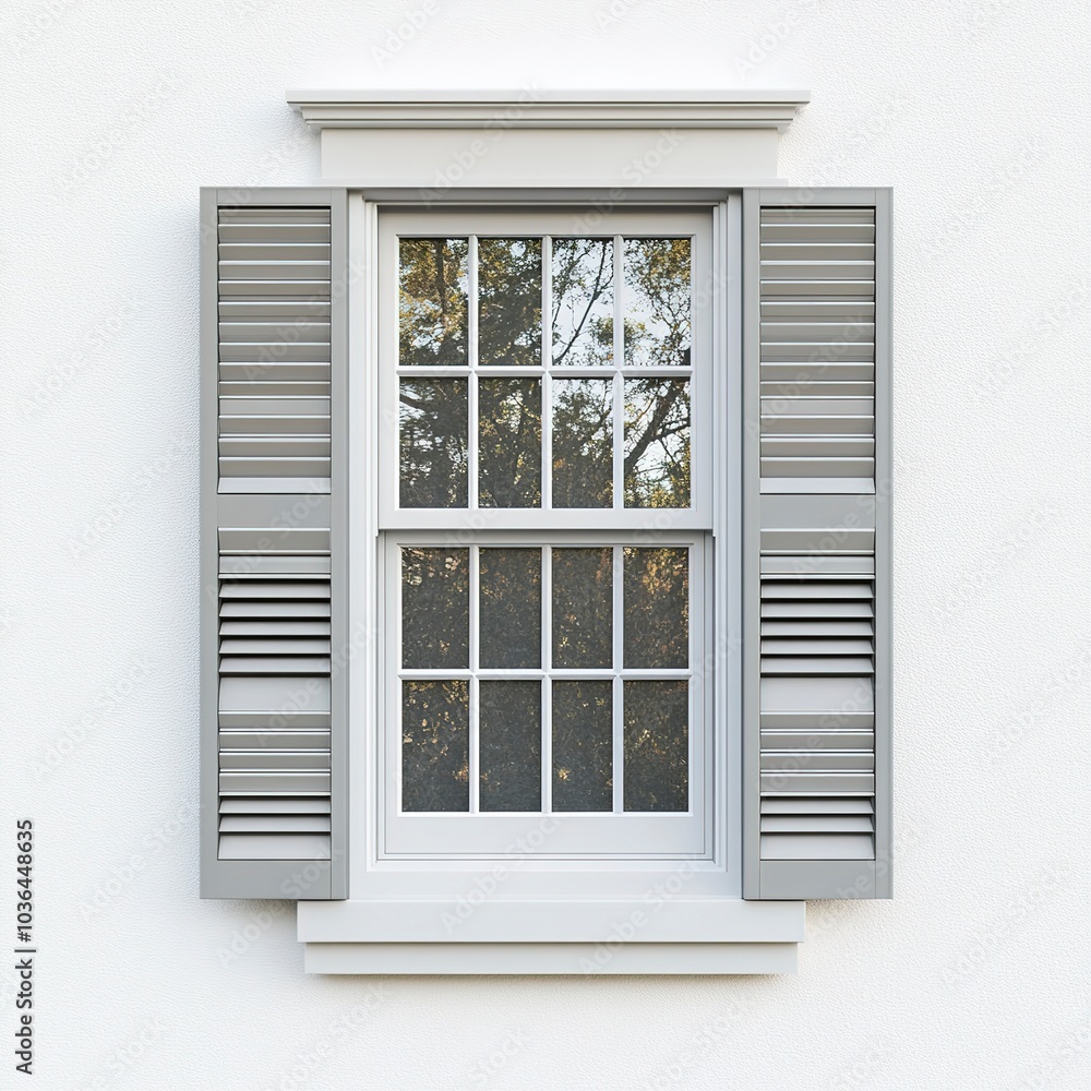 A double-hung window with classic shutters, suburban home, photorealistic style, neutral palette, isolated on white background A double-hung window with classic shutters, suburban home, photorealistic style, neutral palette, isolated on white background