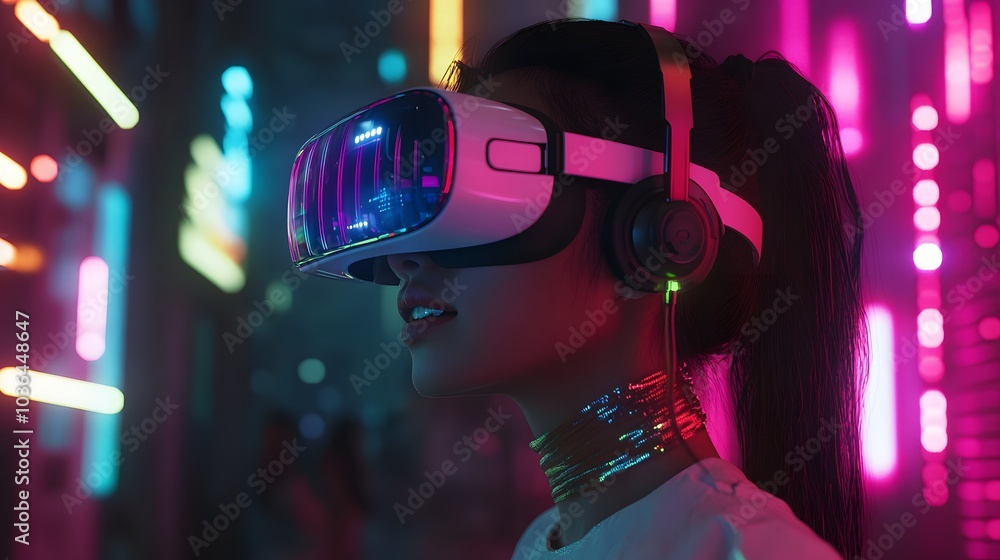 Young woman using glasses of virtual reality on dark background. Smartphone using with VR headset,virtual reality,future technology concept.Asian woman using VR glasses in colorful neon lights. Young woman using glasses of virtual reality on dark background. Smartphone using with VR headset,virtual reality,future technology concept.Asian woman using VR glasses in colorful neon lights.
