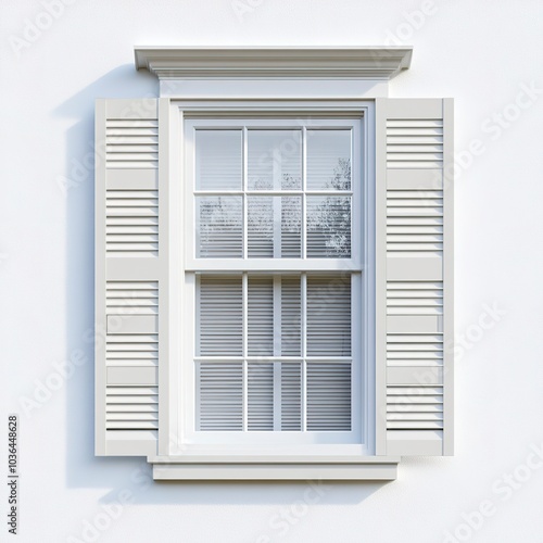 A double-hung window with classic shutters, suburban home, photorealistic style, neutral palette, isolated on white background 