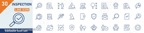 Inspection line icon set. Set of 30 outline icons related to inspection, examination, testing, check, quality control and others. Vector illustration.