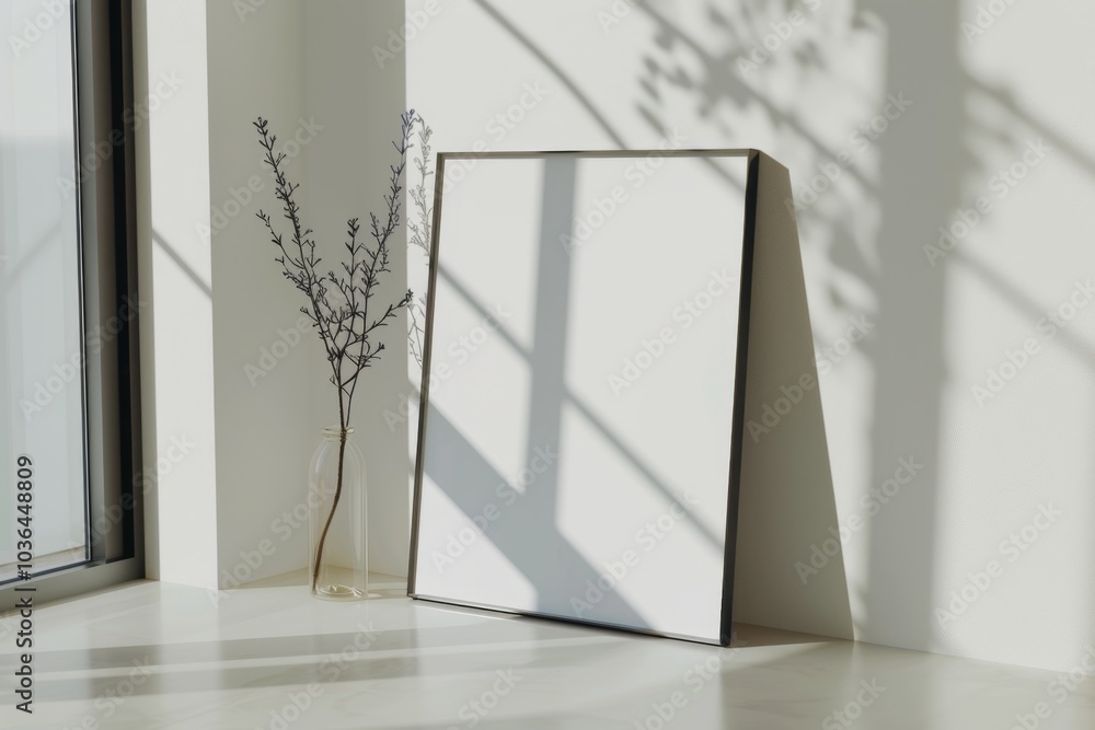 A tranquil setting with a frame leaning against a wall, illuminated by natural light casting artistic shadows, accompanied by a delicate vase half-filled with simple flowers. A tranquil setting with a frame leaning against a wall, illuminated by natural light casting artistic shadows, accompanied by a delicate vase half-filled with simple flowers.