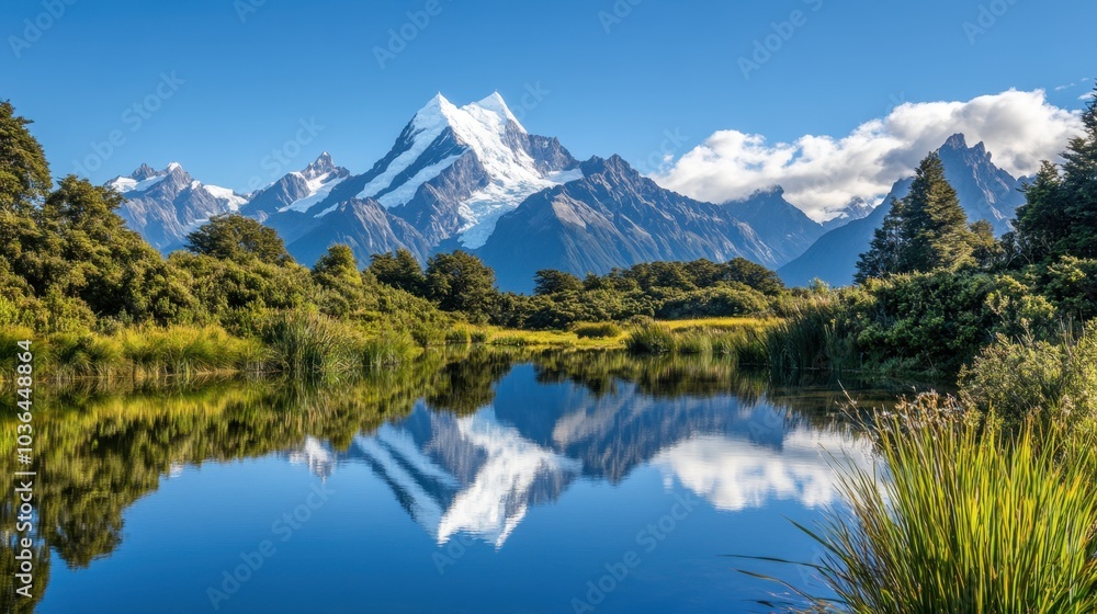 Naklejka premium A serene mountain lake reflects a clear blue sky and towering peaks, surrounded by lush greenery, inviting calm and tranquility.