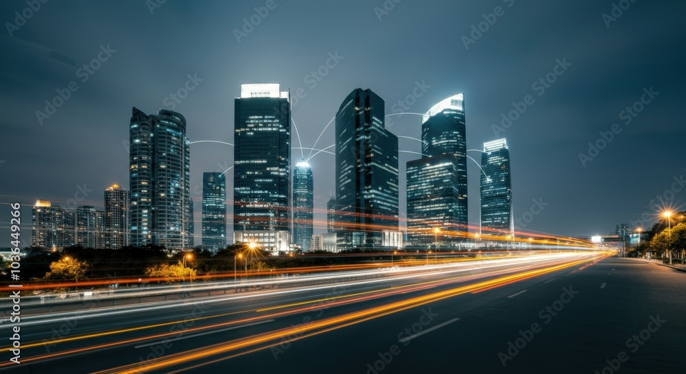 Fototapeta premium Cityscape at Night with Light Trails
