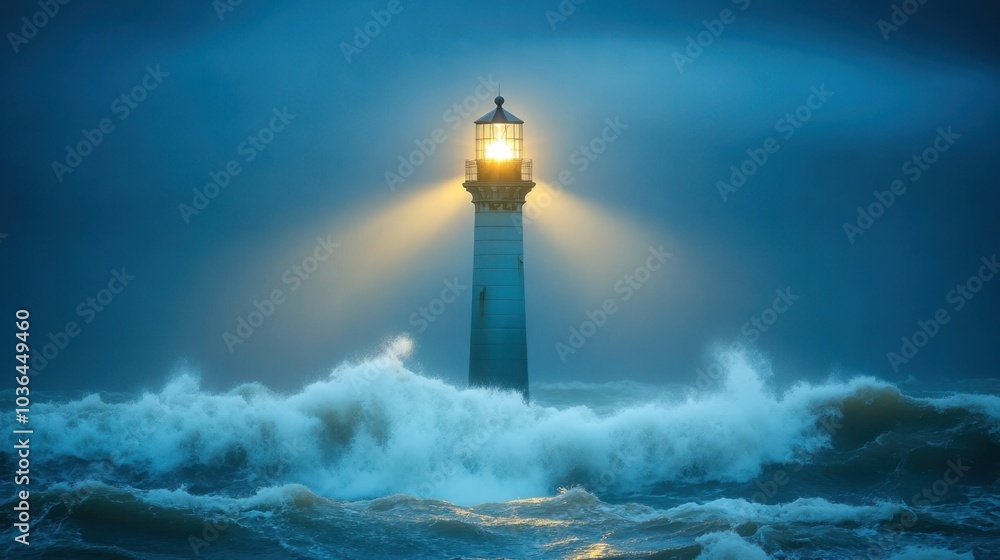 A striking image of a lighthouse shining brightly in a storm, illuminating the path for a ship navigating through rough waves. A striking image of a lighthouse shining brightly in a storm, illuminating the path for a ship navigating through rough waves.
