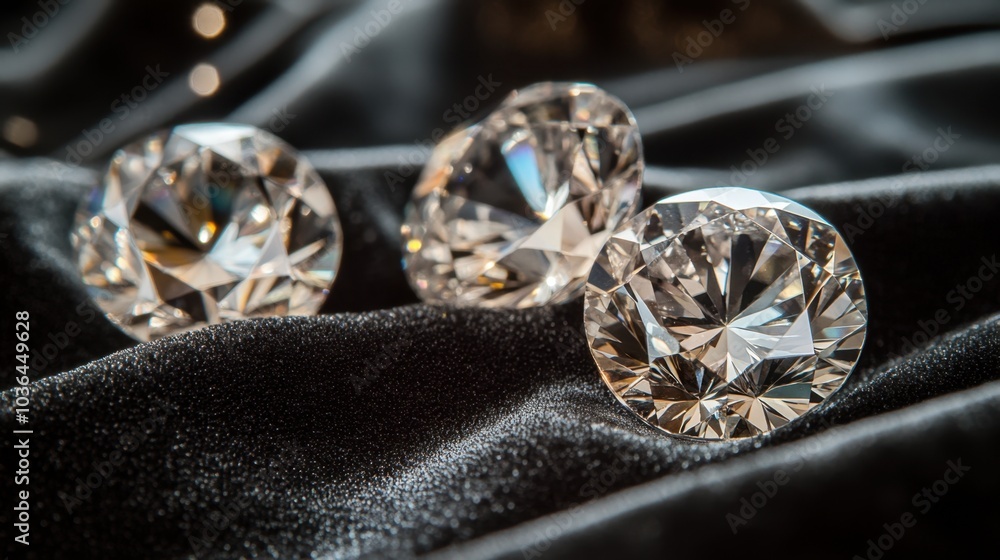 Fototapeta premium A stunning close-up of sparkling diamonds on a dark velvet background, showcasing their brilliance and intricate facets in captivating detail.