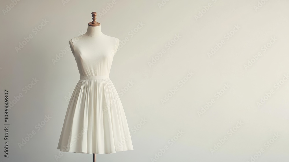 A stylish A-line skirt elegantly displayed on a white mannequin in a minimalistic boutique. A stylish A-line skirt elegantly displayed on a white mannequin in a minimalistic boutique.