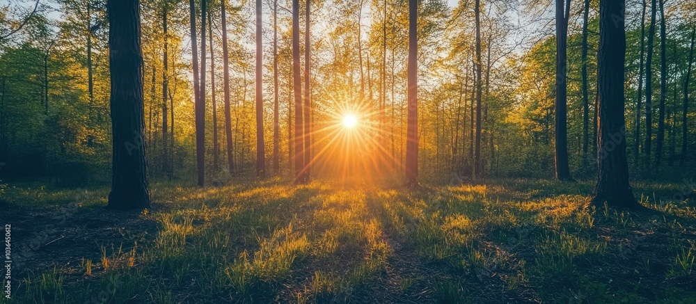Fototapeta premium Sun rays shining through a forest of trees at sunset.