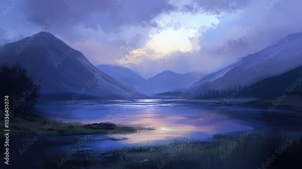 An idyllic mountain lake at twilight, with soft light illuminating the water and the sky transitioning to deep blues and purples. An idyllic mountain lake at twilight, with soft light illuminating the water and the sky transitioning to deep blues and purples.