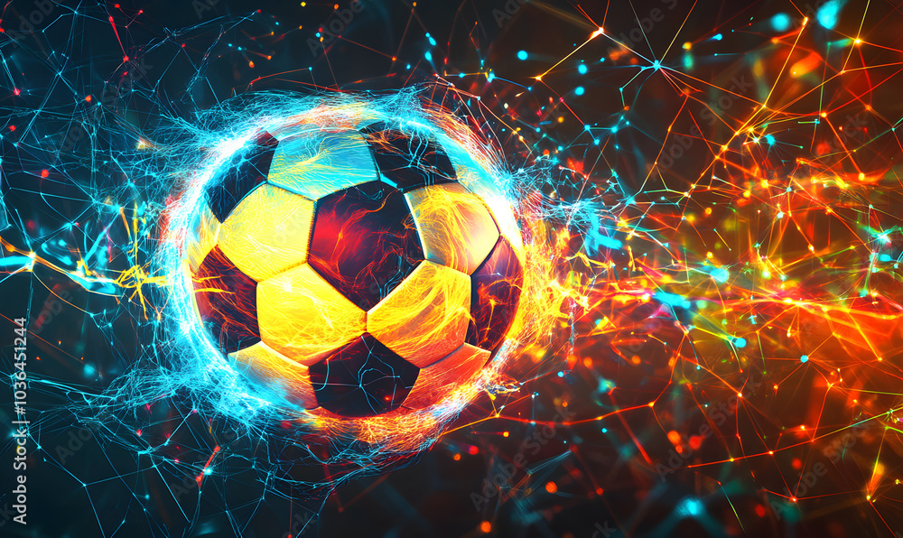 Fototapeta premium Dynamic Neon Football Action with Futuristic Geometric Patterns and Vibrant Light Trails for High-Energy Sports Advertising Backgrounds