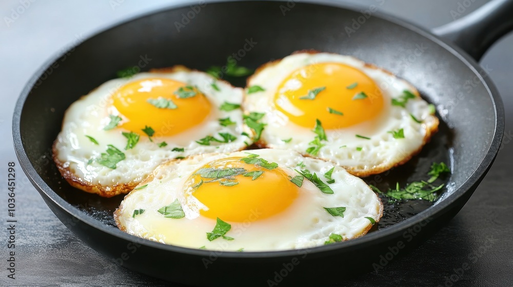 Appetizing sunny side up eggs garnished with green herbs, cooked in a pan, and placed on a dark countertop, creating a perfect breakfast scene. Appetizing sunny side up eggs garnished with green herbs, cooked in a pan, and placed on a dark countertop, creating a perfect breakfast scene.