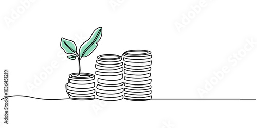 Coins stack with leaves branch continuous one line drawing. Business investing concept. Vector illustration isolated on white, Coins stack with leaves branch continuous one line drawing. Business