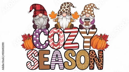 Illustration of three gnomes sitting on the words "Cozy Season" surrounded by pumpkins, autumn leaves, and fall-themed patterns.