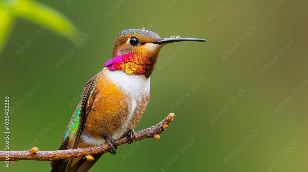 Obraz premium Radiant Hummingbird, A jewel-toned marvel perched gracefully on a rain-kissed branch.
