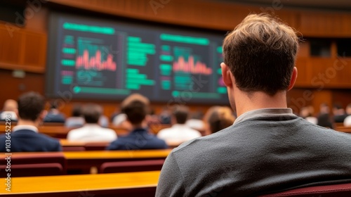 A student engrossed in a university lecture, data on the large screen.