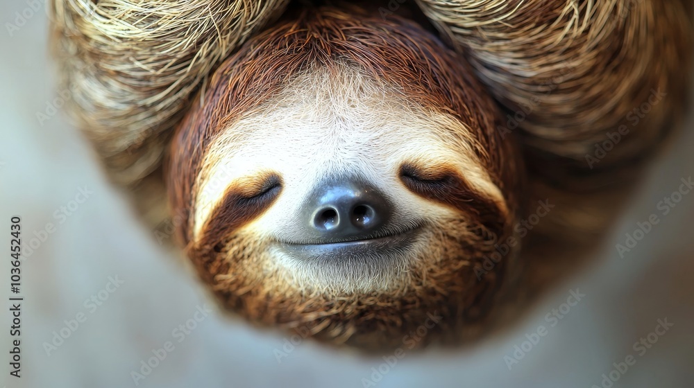 Naklejka premium Peaceful sloth hanging upside down, eyes closed, serene expression. A heartwarming wildlife portrait