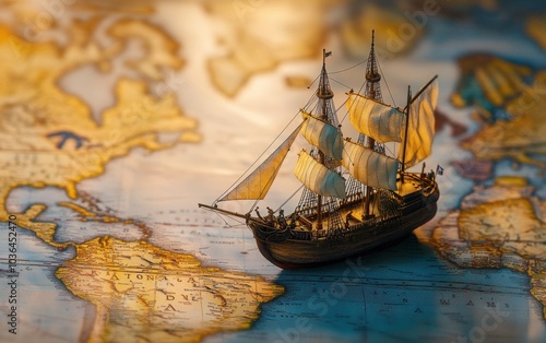 A creative concept image featuring an old sailing ship model placed on a world map