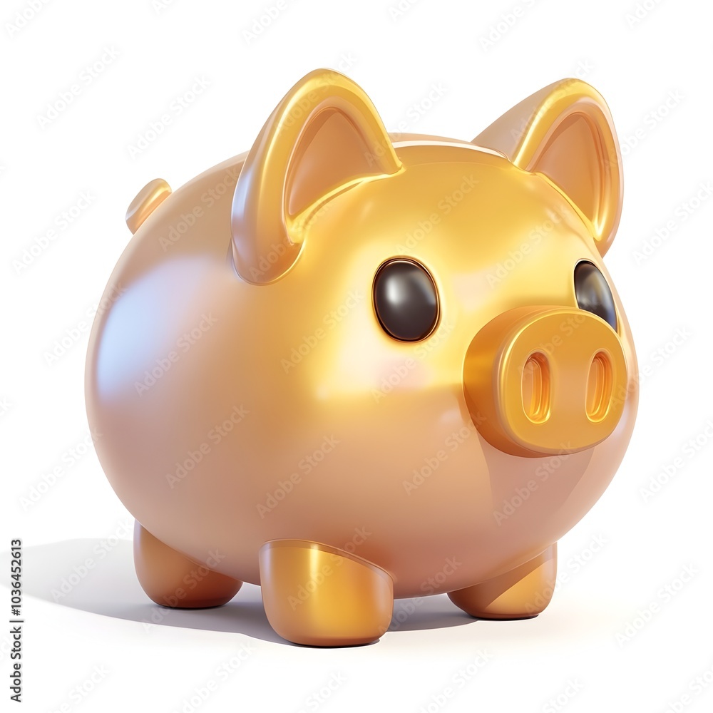 Shiny Gold Piggy Bank in Side Profile on White Background Shiny Gold Piggy Bank in Side Profile on White Background