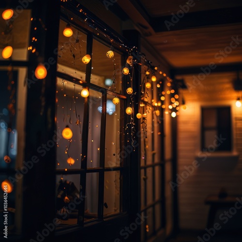 String lights illuminate a window with a warm glow, creating a cozy ambiance on a porch.