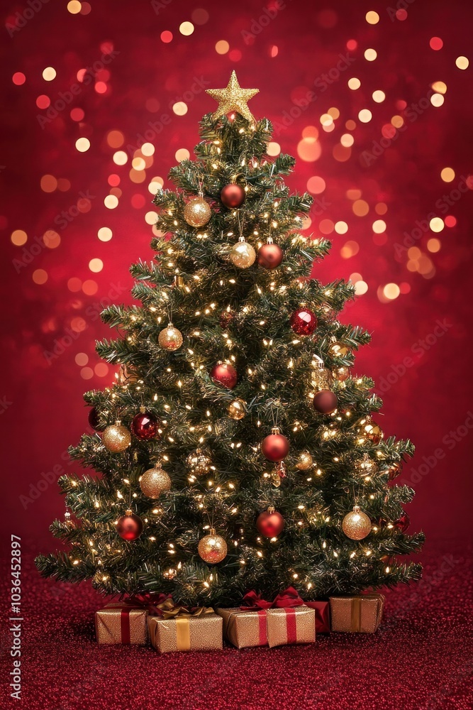 A glittering Christmas tree adorned with golden lights and shimmering ornaments, set against a rich red background with soft bokeh effects, creating a warm and inviting holiday scene A glittering Christmas tree adorned with golden lights and shimmering ornaments, set against a rich red background with soft bokeh effects, creating a warm and inviting holiday scene