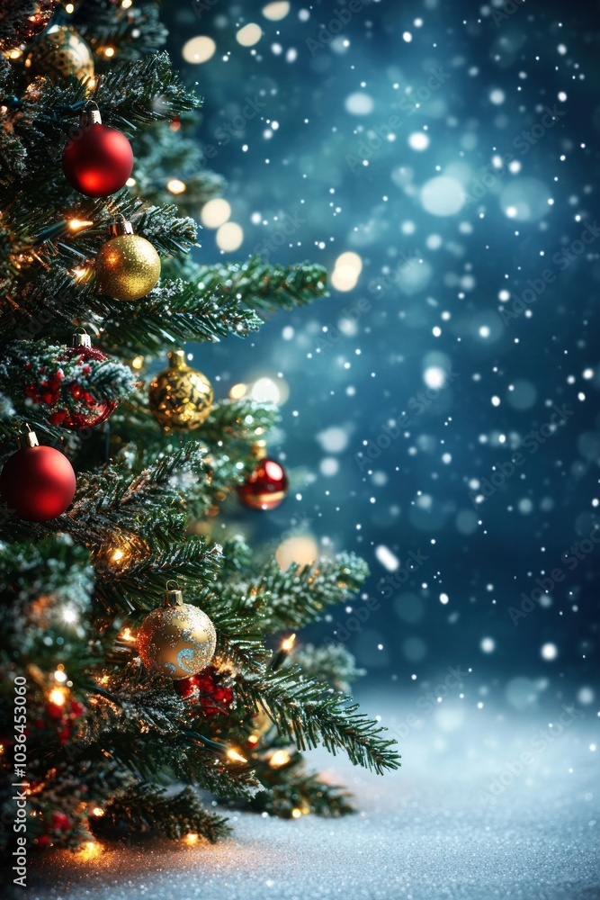 A holiday tree with sparkling lights and vibrant baubles, captured from a side angle with free space for text or designs, perfect for creating festive promotional banners A holiday tree with sparkling lights and vibrant baubles, captured from a side angle with free space for text or designs, perfect for creating festive promotional banners