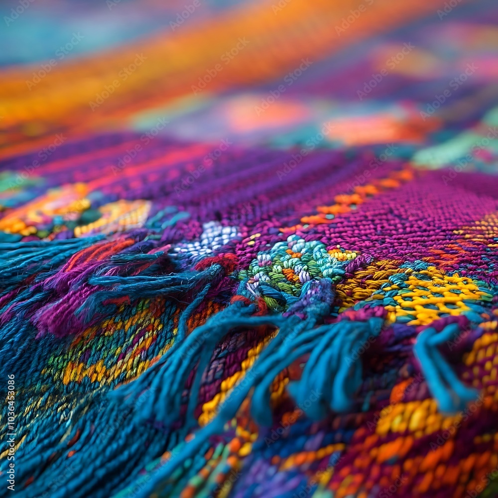 Obraz premium Colorful Woven Textile with Fringes, Close-up Macro Shot.