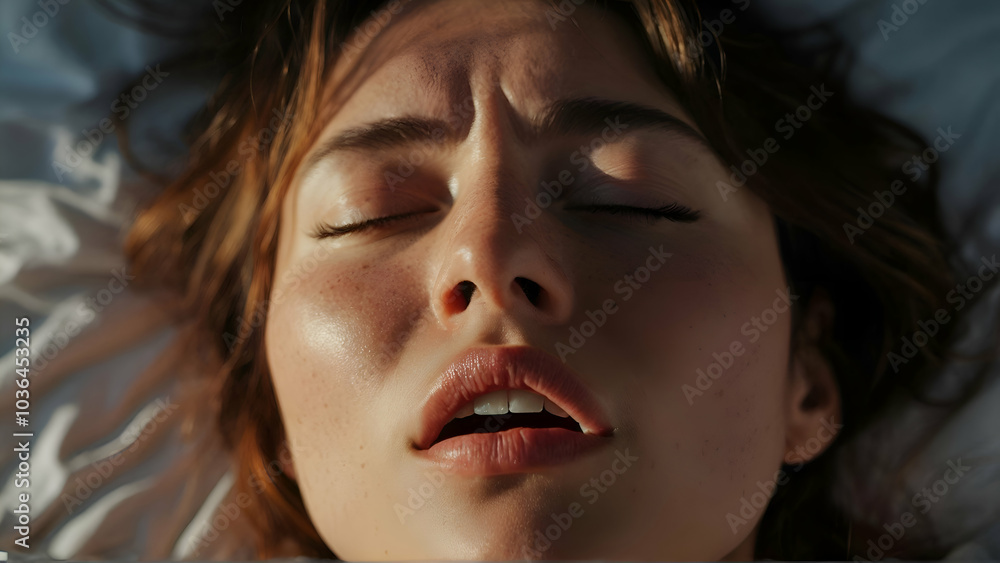 Close-up of a woman's face during an orgasm in bed. Background with selective focus Close-up of a woman's face during an orgasm in bed. Background with selective focus