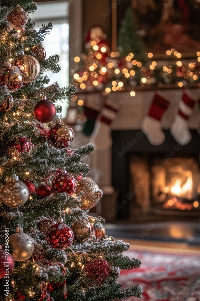 Bright Christmas tree scene with glowing lights and festive ornaments, featuring a cozy background of a fireplace and warm holiday decorations, perfect for a holiday greeting card Bright Christmas tree scene with glowing lights and festive ornaments, featuring a cozy background of a fireplace and warm holiday decorations, perfect for a holiday greeting card