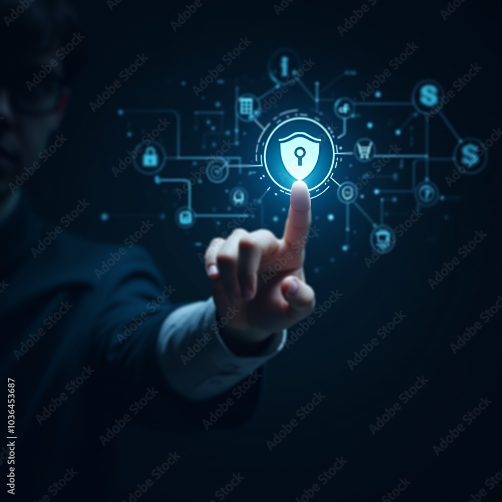 A hand presses a glowing fingerprint scanner, activating biometric security in a futuristic, high-tech digital environment. A hand presses a glowing fingerprint scanner, activating biometric security in a futuristic, high-tech digital environment.