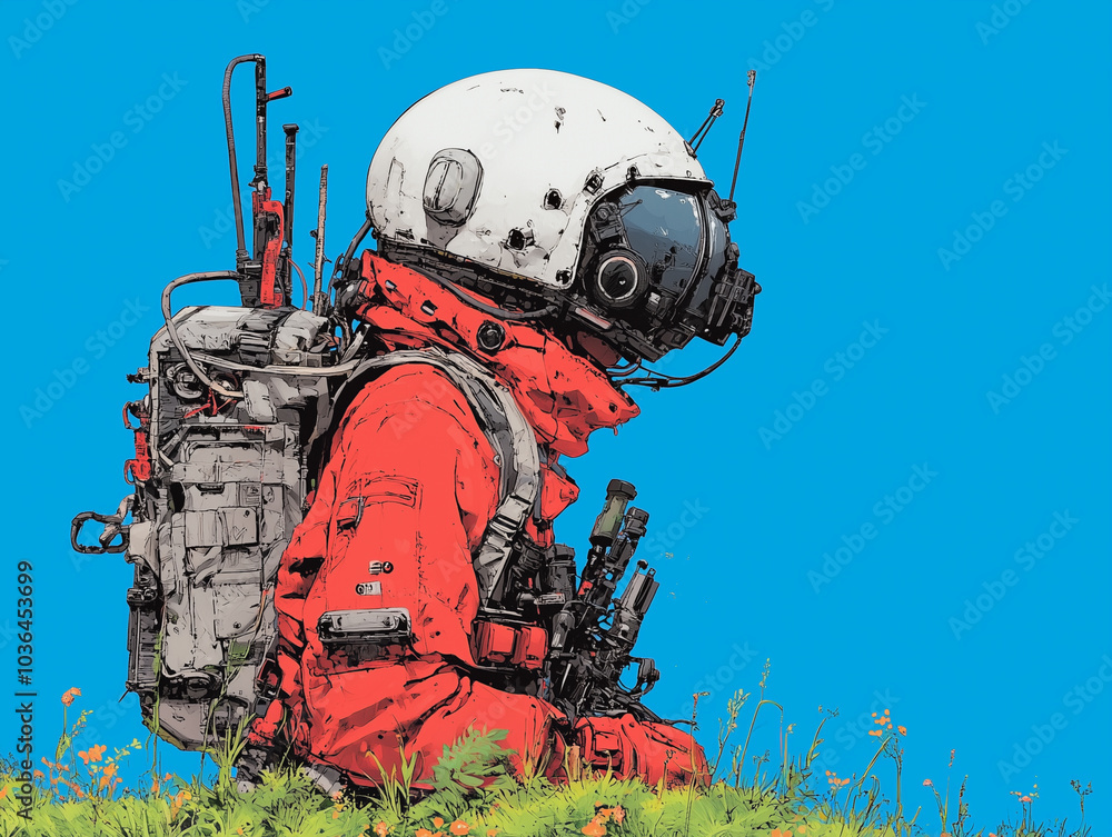 astronaut in bright orange suit stands against vivid blue background, showcasing advanced equipment and helmet with large visor. scene evokes sense of exploration and adventure astronaut in bright orange suit stands against vivid blue background, showcasing advanced equipment and helmet with large visor. scene evokes sense of exploration and adventure