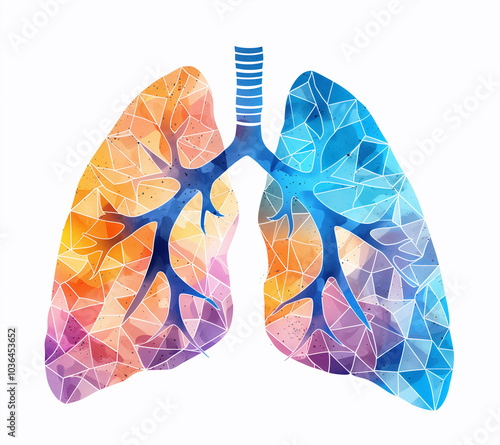 Illustration of lungs vector with vibrant geometric patterns in blue, orange, and purple. symbolizing respiratory health and science, ideal for medical, health, and educational content.