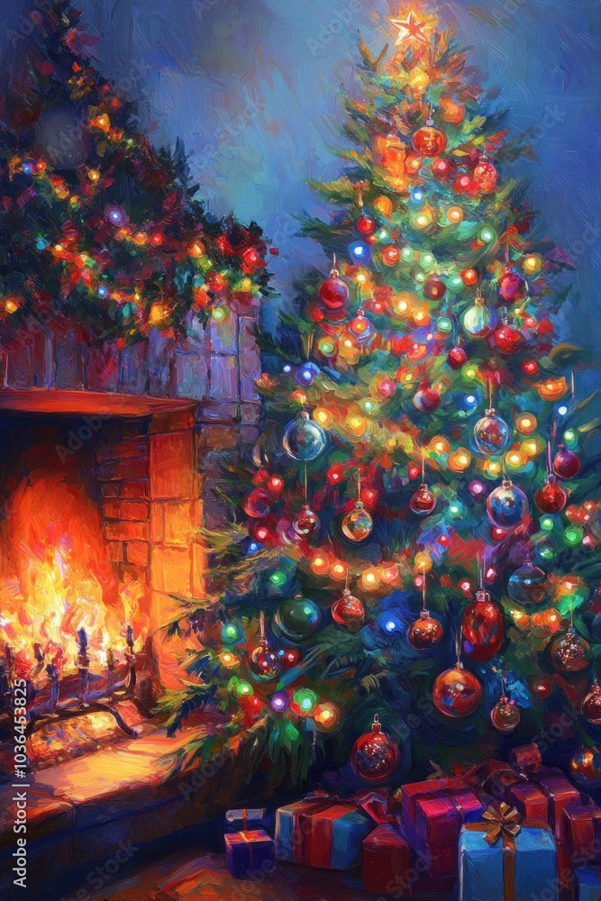 Bright Christmas tree scene with glowing lights and festive ornaments, featuring a cozy background of a fireplace and warm holiday decorations, perfect for a holiday greeting card Bright Christmas tree scene with glowing lights and festive ornaments, featuring a cozy background of a fireplace and warm holiday decorations, perfect for a holiday greeting card