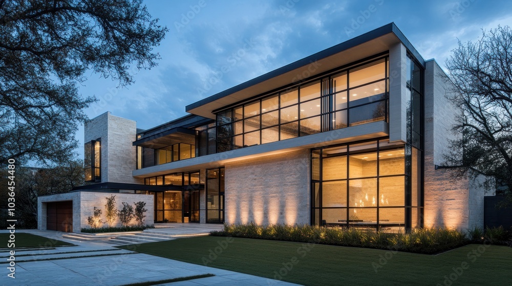 Contemporary exterior building styles, with a minimalist design featuring clean lines, large windows, and a combination of glass, concrete, and metal for a sleek, futuristic appearance
