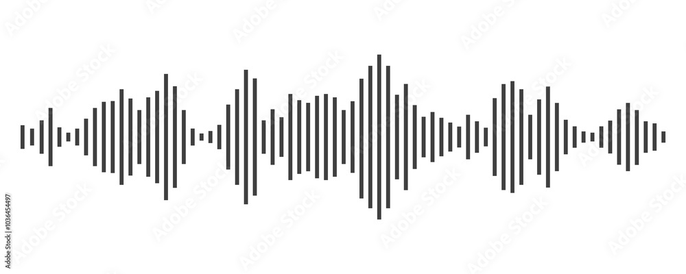 Sound wave or voice message waveform. Podcast, media record, radio signal. Decibel audio record icon isolated on white background. Equalizer line Sound wave or voice message waveform. Podcast, media record, radio signal. Decibel audio record icon isolated on white background. Equalizer line