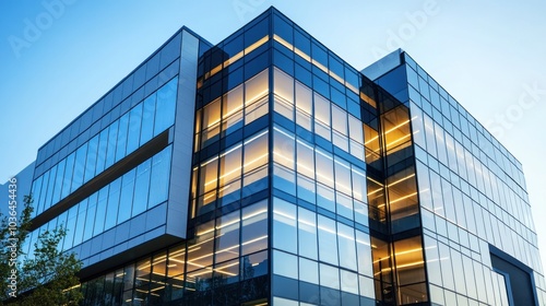 Commercial building exterior design, showcasing a professional and contemporary style with large glass windows, sleek metal finishes, and bold architectural lines, creating a dynamic urban presence