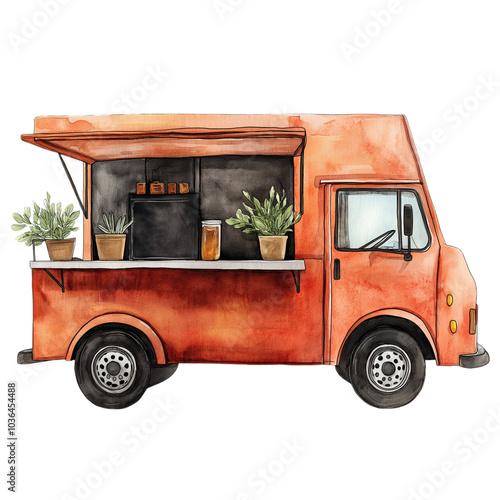 Vintage Food Truck Watercolor Illustration isolated transparent background