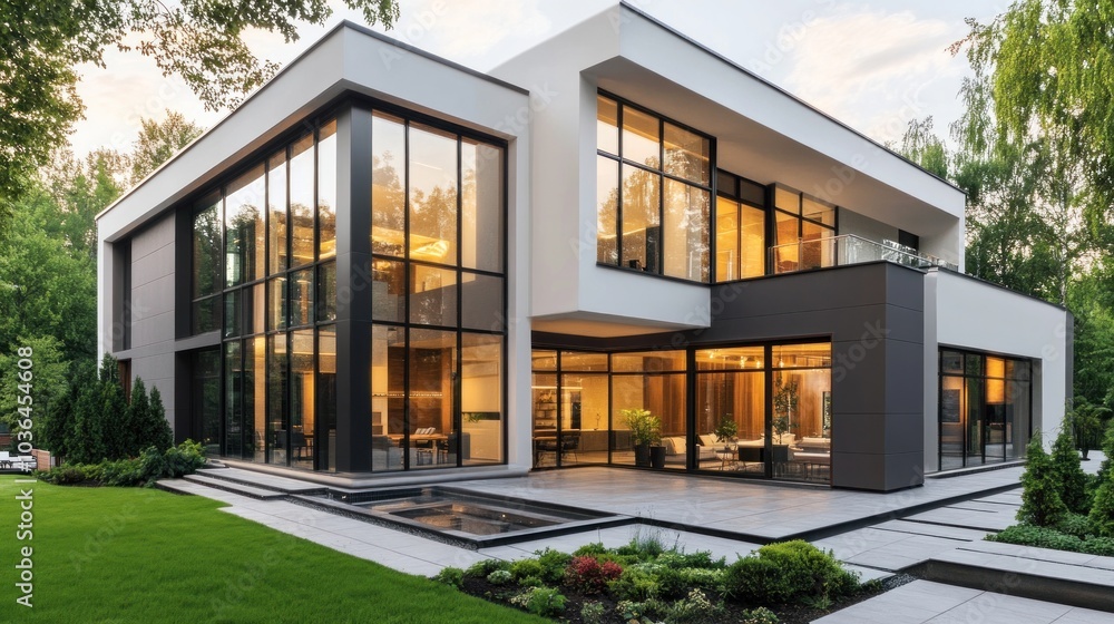 Contemporary exterior building styles, with a minimalist design featuring clean lines, large windows, and a combination of glass, concrete, and metal for a sleek, futuristic appearance Contemporary exterior building styles, with a minimalist design featuring clean lines, large windows, and a combination of glass, concrete, and metal for a sleek, futuristic appearance