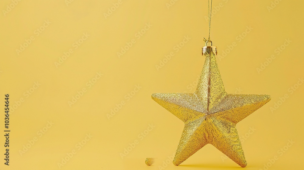 Golden Christmas star ornament bauble isolated on yellow background - a festive and glittering symbol. This beautiful golden star bauble stands out against the bright yellow backdrop, bringing holiday Golden Christmas star ornament bauble isolated on yellow background - a festive and glittering symbol. This beautiful golden star bauble stands out against the bright yellow backdrop, bringing holiday