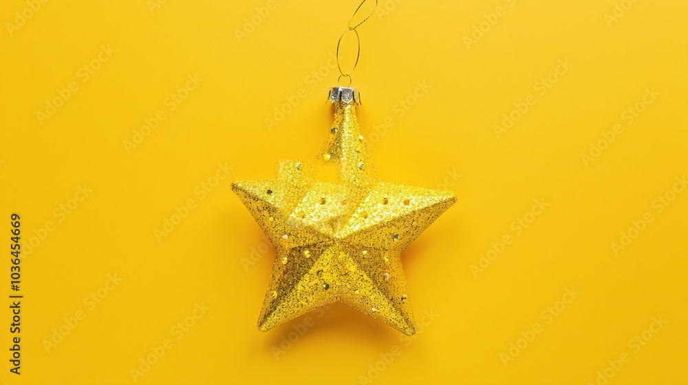 Golden Christmas star ornament bauble isolated on yellow background - a festive and glittering symbol. This beautiful golden star bauble stands out against the bright yellow backdrop, bringing holiday Golden Christmas star ornament bauble isolated on yellow background - a festive and glittering symbol. This beautiful golden star bauble stands out against the bright yellow backdrop, bringing holiday
