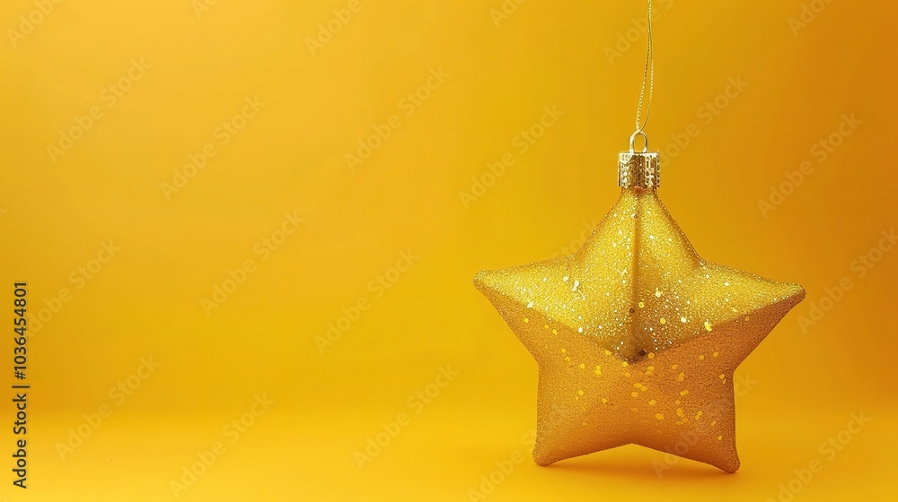 Golden Christmas star ornament bauble isolated on yellow background - a festive and glittering symbol. This beautiful golden star bauble stands out against the bright yellow backdrop, bringing holiday Golden Christmas star ornament bauble isolated on yellow background - a festive and glittering symbol. This beautiful golden star bauble stands out against the bright yellow backdrop, bringing holiday
