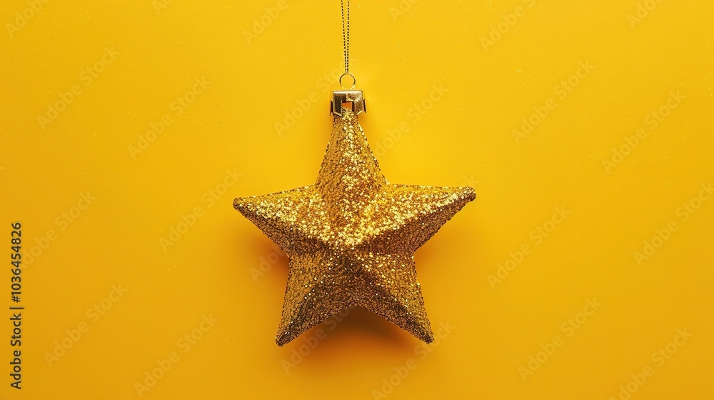 Golden Christmas star ornament bauble isolated on yellow background - a festive and glittering symbol. This beautiful golden star bauble stands out against the bright yellow backdrop, bringing holiday Golden Christmas star ornament bauble isolated on yellow background - a festive and glittering symbol. This beautiful golden star bauble stands out against the bright yellow backdrop, bringing holiday