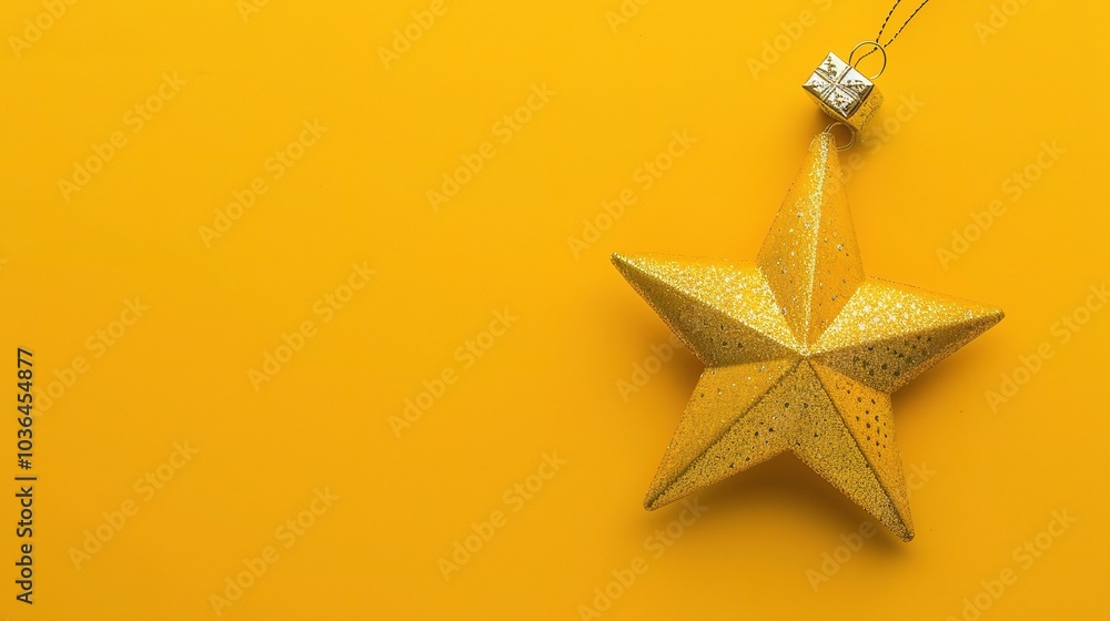 Golden Christmas star ornament bauble isolated on yellow background - a festive and glittering symbol. This beautiful golden star bauble stands out against the bright yellow backdrop, bringing holiday Golden Christmas star ornament bauble isolated on yellow background - a festive and glittering symbol. This beautiful golden star bauble stands out against the bright yellow backdrop, bringing holiday