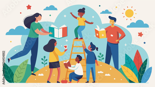Kids and parents work together to create a beautiful mural inspired by a beloved storybook showcasing the collaborative and creative spirit fostered by library events.. Vector illustration