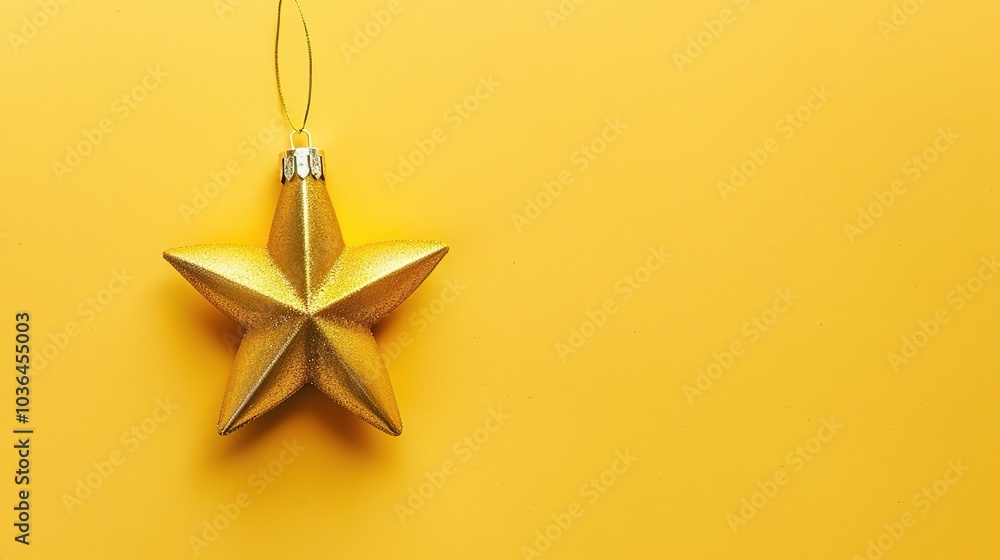 Golden Christmas star ornament bauble isolated on yellow background - a festive and glittering symbol. This beautiful golden star bauble stands out against the bright yellow backdrop, bringing holiday Golden Christmas star ornament bauble isolated on yellow background - a festive and glittering symbol. This beautiful golden star bauble stands out against the bright yellow backdrop, bringing holiday