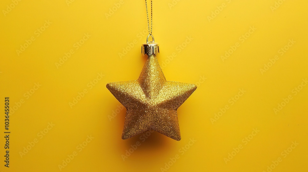 Golden Christmas star ornament bauble isolated on yellow background - a festive and glittering symbol. This beautiful golden star bauble stands out against the bright yellow backdrop, bringing holiday Golden Christmas star ornament bauble isolated on yellow background - a festive and glittering symbol. This beautiful golden star bauble stands out against the bright yellow backdrop, bringing holiday