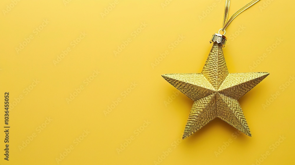Golden Christmas star ornament bauble isolated on yellow background - a festive and glittering symbol. This beautiful golden star bauble stands out against the bright yellow backdrop, bringing holiday Golden Christmas star ornament bauble isolated on yellow background - a festive and glittering symbol. This beautiful golden star bauble stands out against the bright yellow backdrop, bringing holiday
