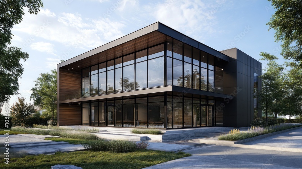 Exterior building with metal cladding, featuring sleek, durable panels that provide a modern, industrial look. The design combines metal with other materials like glass and stone for a dynamic facade Exterior building with metal cladding, featuring sleek, durable panels that provide a modern, industrial look. The design combines metal with other materials like glass and stone for a dynamic facade