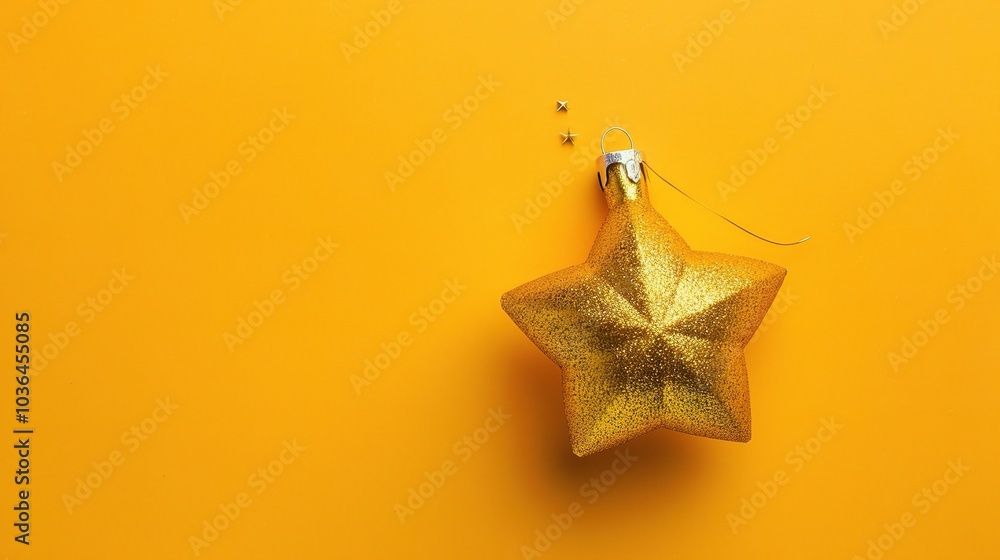 Golden Christmas star ornament bauble isolated on yellow background - a festive and glittering symbol. This beautiful golden star bauble stands out against the bright yellow backdrop, bringing holiday Golden Christmas star ornament bauble isolated on yellow background - a festive and glittering symbol. This beautiful golden star bauble stands out against the bright yellow backdrop, bringing holiday
