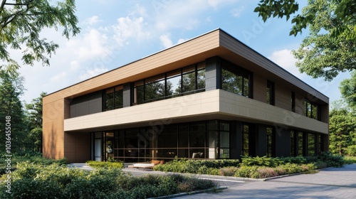 Exterior building with metal cladding, featuring sleek, durable panels that provide a modern, industrial look. The design combines metal with other materials like glass and stone for a dynamic facade